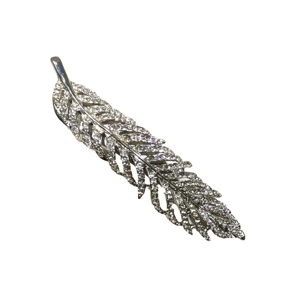 Hair Barrette Clip Silver Tone Rhinestone Feather Elegant Design Heavy Duty... - Picture 2 of 8